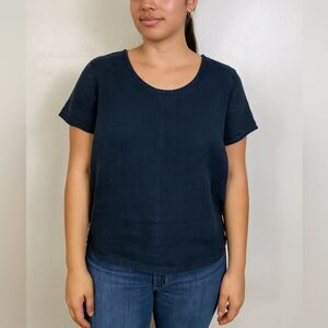 Linensy Handmade In Latvia Linen Navy Blue Short Sleeve Top Size M